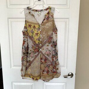 Fig & Flower Sleeveless Patchwork Sheer Button Tunic Top Women’s Large Boho